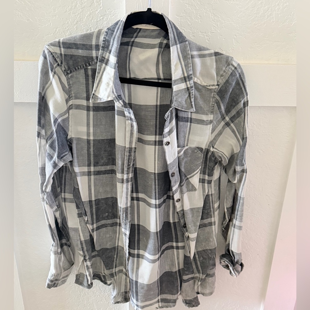 Gray and White Plaid Button-Up Shirt
